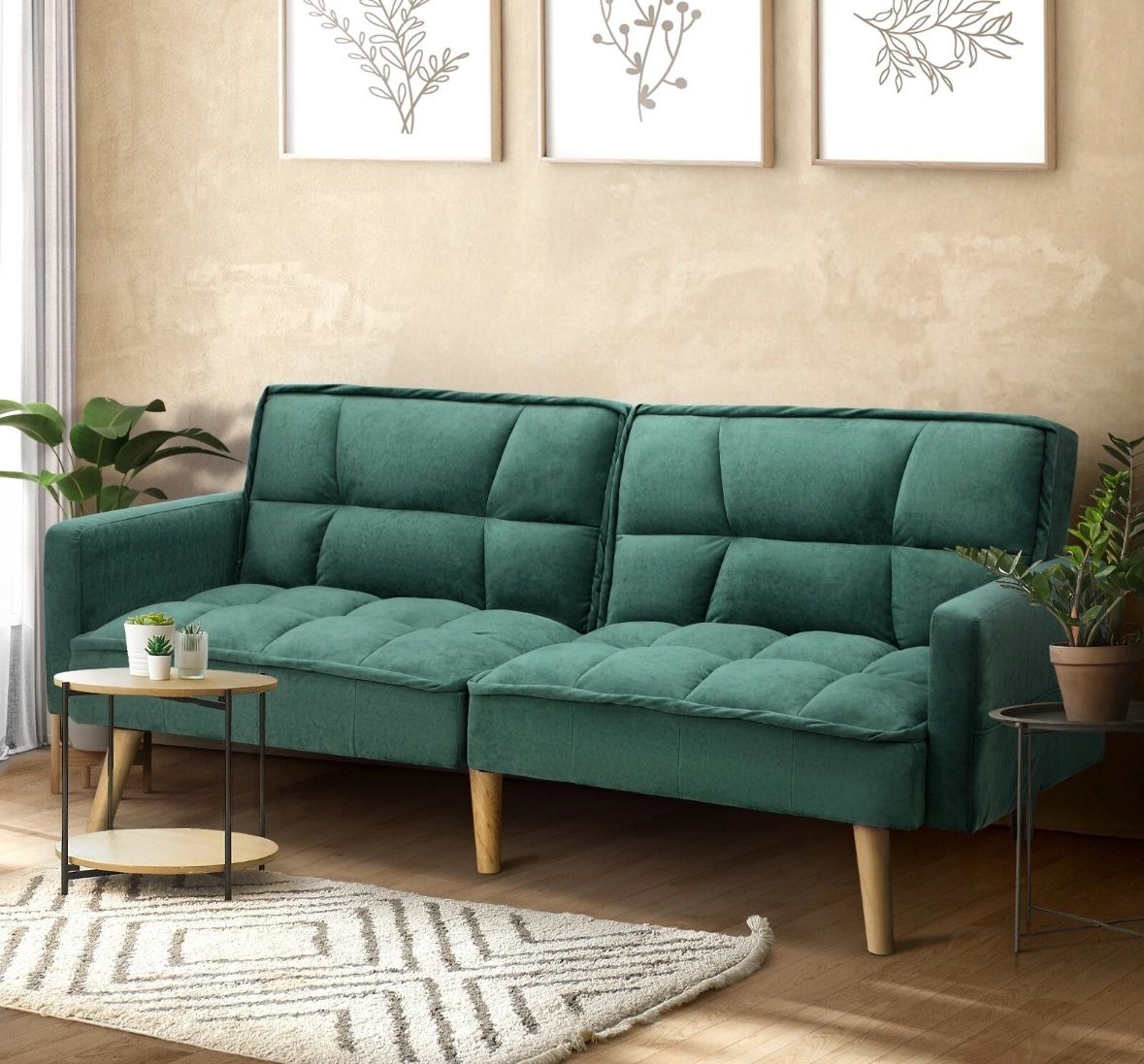 Oikiture Sofa Bed Futon Convertible Velvet Lounge Couch 3-Seater Recliner Green