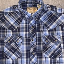 Wrangler Retro Size Medium Tartan Plaid Blue Long Sleeve Western Shirt Button Up 🤠