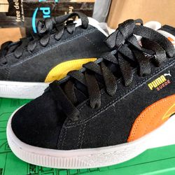 Puma Suede Sneakers - Unisex, Black with Yellow & Orange Stripes, Size 7, No Box