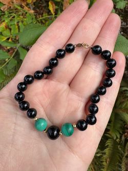 Vintage 14K Gold Hong Kong Black Onyx Malachite Beaded Bracelet Hand-Knotted 7”