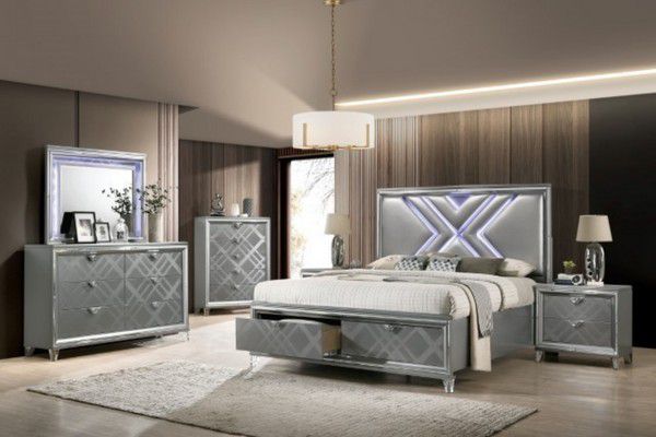 Brand New Grey Upscale 6pc King Size Bedroom Set w LED Lights (Available In Queen & California King) 
