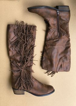brown, faux-leather tall riding boots