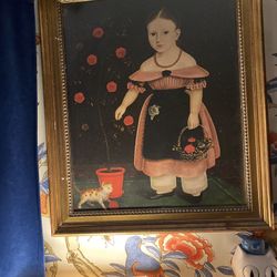 Beautiful Primitive Gold Framed Folk Art Girl Cat Painting Wall Art