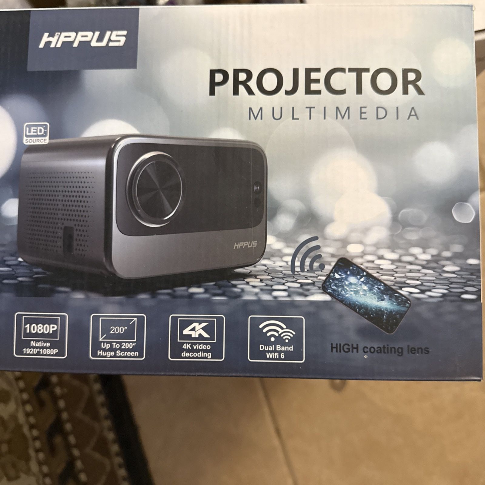 Hippus Projector Multimedia 1080p, 4K, Dual Band WiFi 6, Up To 200” Huge Screen