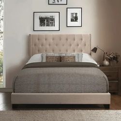 King  Beige Upholstered Bed With Wings  ( NEW In A Box)