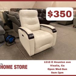 Cream White Leather Power Recliner With Power Headrest 
