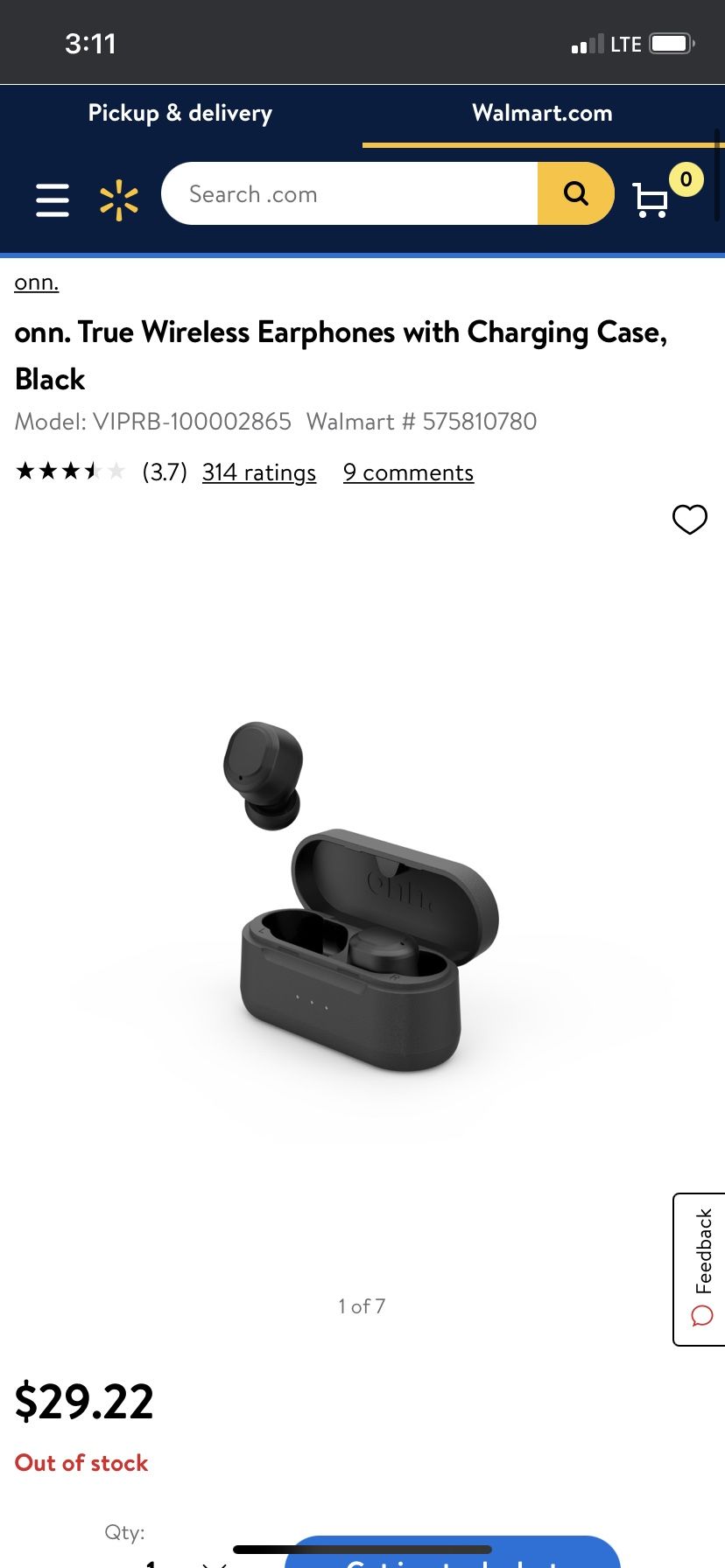 onn. True Wireless Earphones with Charging Case, Black