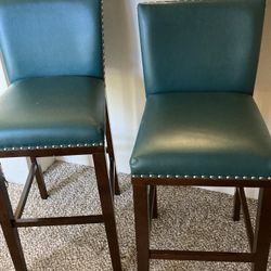 Two Teal Faux Leather Bar Stools 