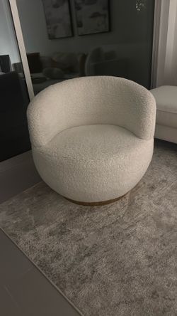 Cream Bouclé Swivel Barrel Chair – Gold Base – $200