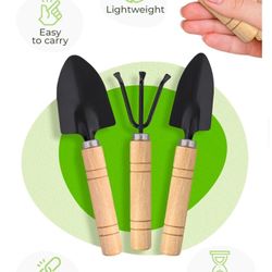 Set of 3 Mini Garden Tool Rust Resistant Iron Trowel Shovel Rake Wood Handle for Succulent Bonsai New condition 