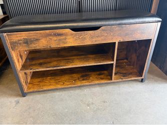 35" W Shoe Bench, Lift Top Shoe Storage Bench, Adjustable Shelf Entryway Bench, Metal and Wood Shoe Rack Organizer with Cushion, Brown