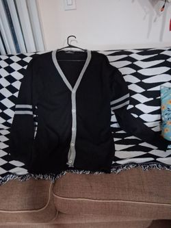 Black Knit Cardigan with Gray Trim