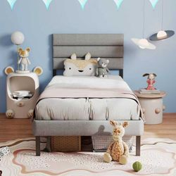 Twin Bed Frame with Linen Upholstered Headboard, Metal Platform Bed Frame, Grey