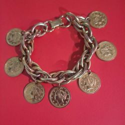 Vintage Gold Tone 7 Inch Link Bracelet With Roman Coin Charms