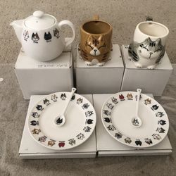 New Rare Japanese Cat Dish Set, Cat Tea Set 7 Pieces, Cat Teapot Mugs Spoons Dishes, Cat Gift For Cat Lovers