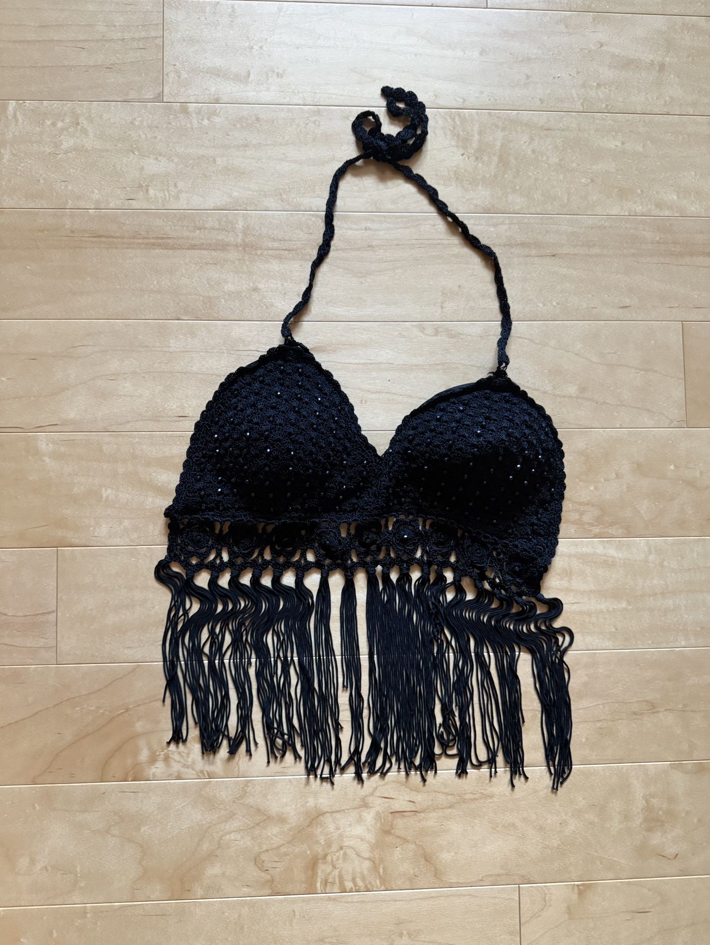 Beaded Black Crop Top Tank With Fringe 