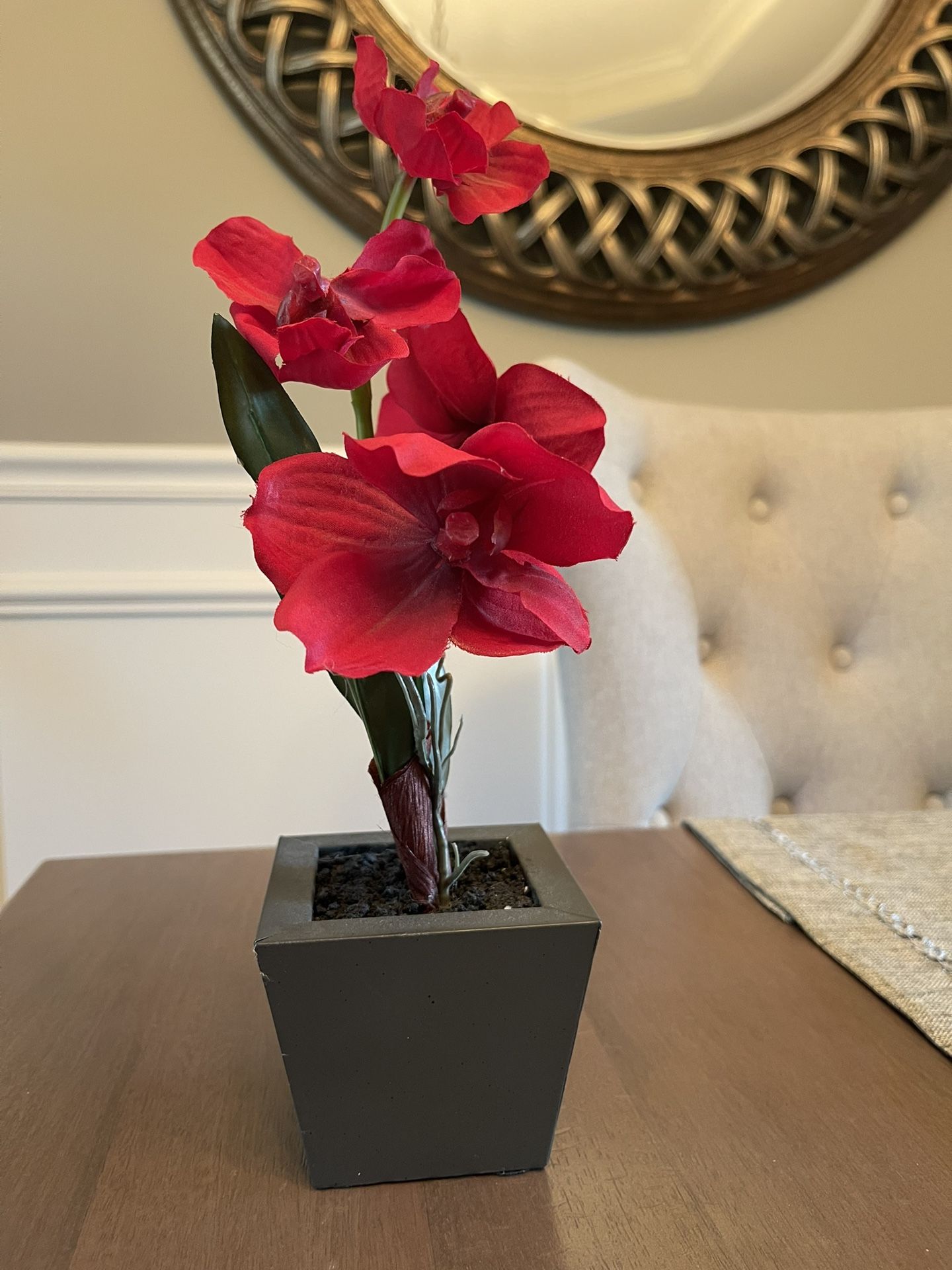 Artificial Red Orchid Arrangement in Black Pot