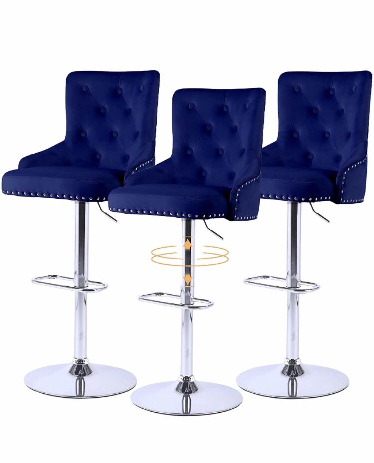 Kitchen High Bar Chairs Set of 3 Velvet Counter Height Chairs with Back Blue Swivel Stool Chairs for Dining Island Table, Pub Bar