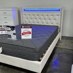 Queen Size Bed Frame With Led Lights & Mattress  $450