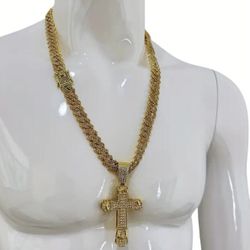 GOLD Large Thick Cuban Chain With Cross Pendant Double Layered  3D With Full Rhinestones - Hip Hop Club Style Trendy Ice