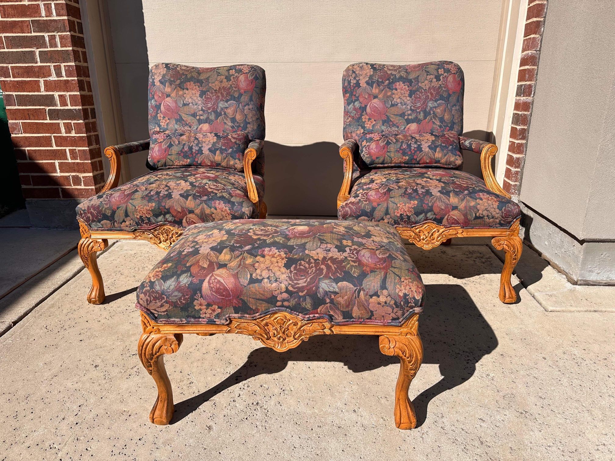 Fruit Floral Patterned Living Room Arm Chairs and One Ottoman
