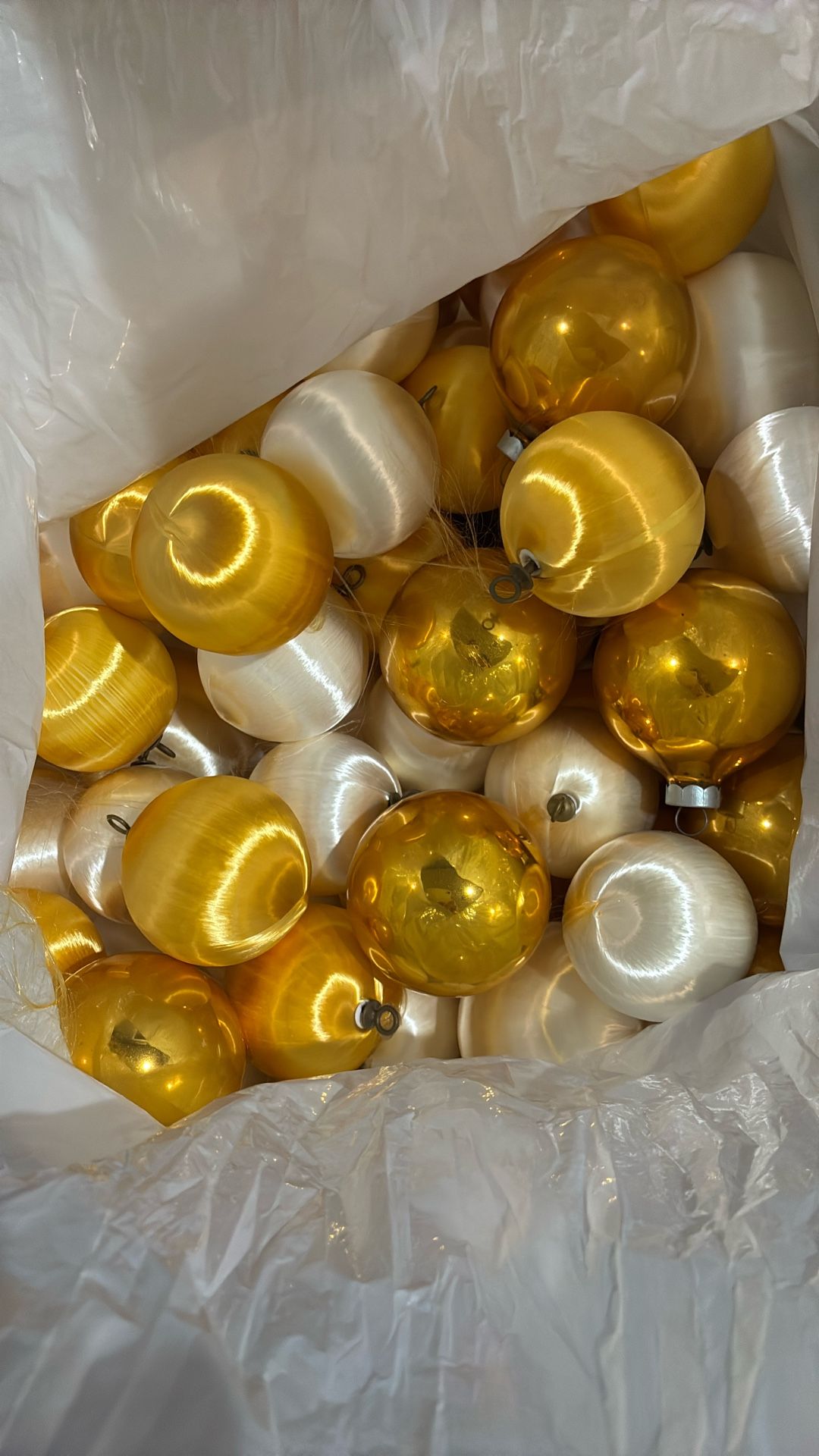 Yellow And White Satin Covered Xmas Tree Ornaments