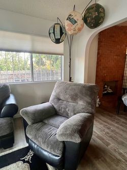 Gray Fabric and Black Leather Recliner Chair