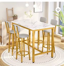 5-Piece Bar Height Dining Set (White Faux Marble & Gold metal)