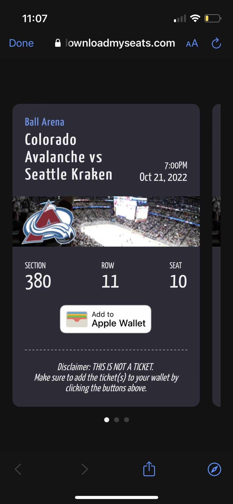 Colorado Avalanche vs Seattle Kraken 10/21 x 3 Tickets