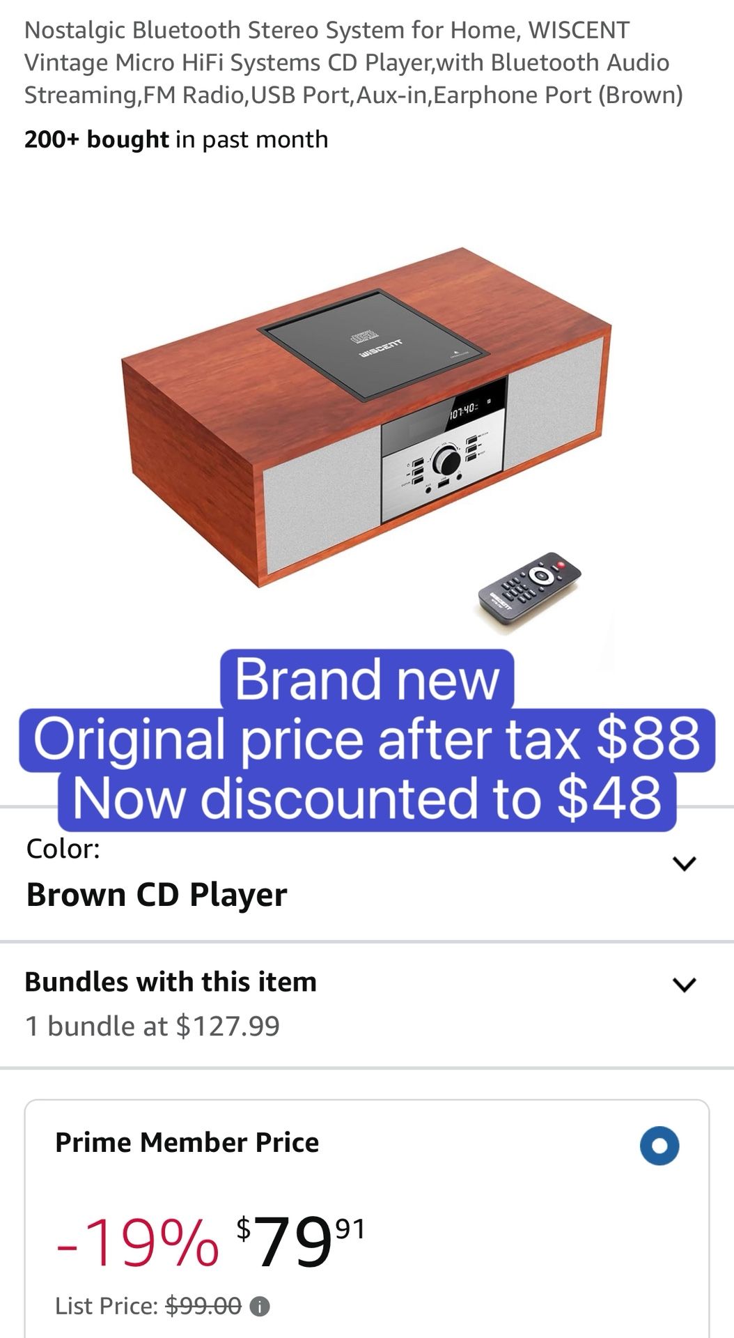 Nostalgic Bluetooth Stereo System for Home, WISCENT Vintage Micro HiFi Systems CD Player,with Bluetooth Audio Streaming,FM Radio,USB Port,Aux-in,Earph