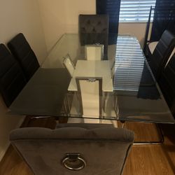 Glass Dining Table + 6 Gray Chairs 