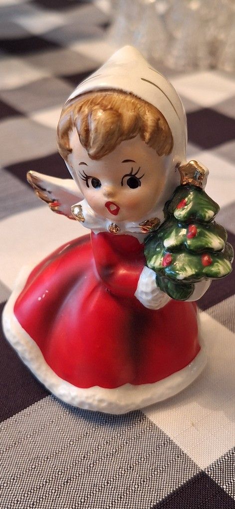 Napcoware Girl Christmas Vintage ANGEL holding Christmas Tree Napco red X6984