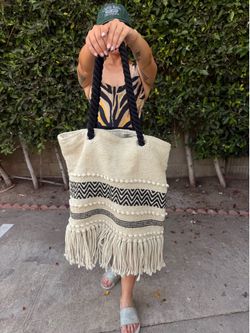 Boho Woven Fringe Tote Bag with Rope Handles