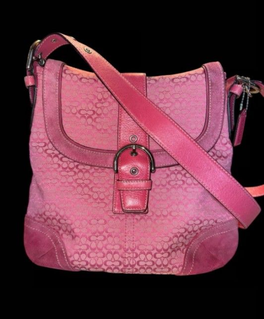 Y2K Large Pink Coach Signature Sufflette Monogram Shoulder Bag Snap Suede Purse