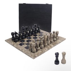 marble Chess Set 12"Inches Oceanic & Black Handmade Chess Sets for Adults - Marble Board Game for Family with Storage Box & 2 Extra Queen, Ideal Trave