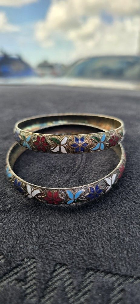 Vintage Cloisonné Enamel Floral Bangle Bracelet Set – Handmade Asian Jewelry – Multicolor