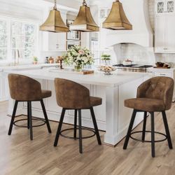 Arturo 26 in.Brown Faux Leather Upholstered Swivel Bar Stool with Metal Frame Nailhead Counter Barstool Set of 3