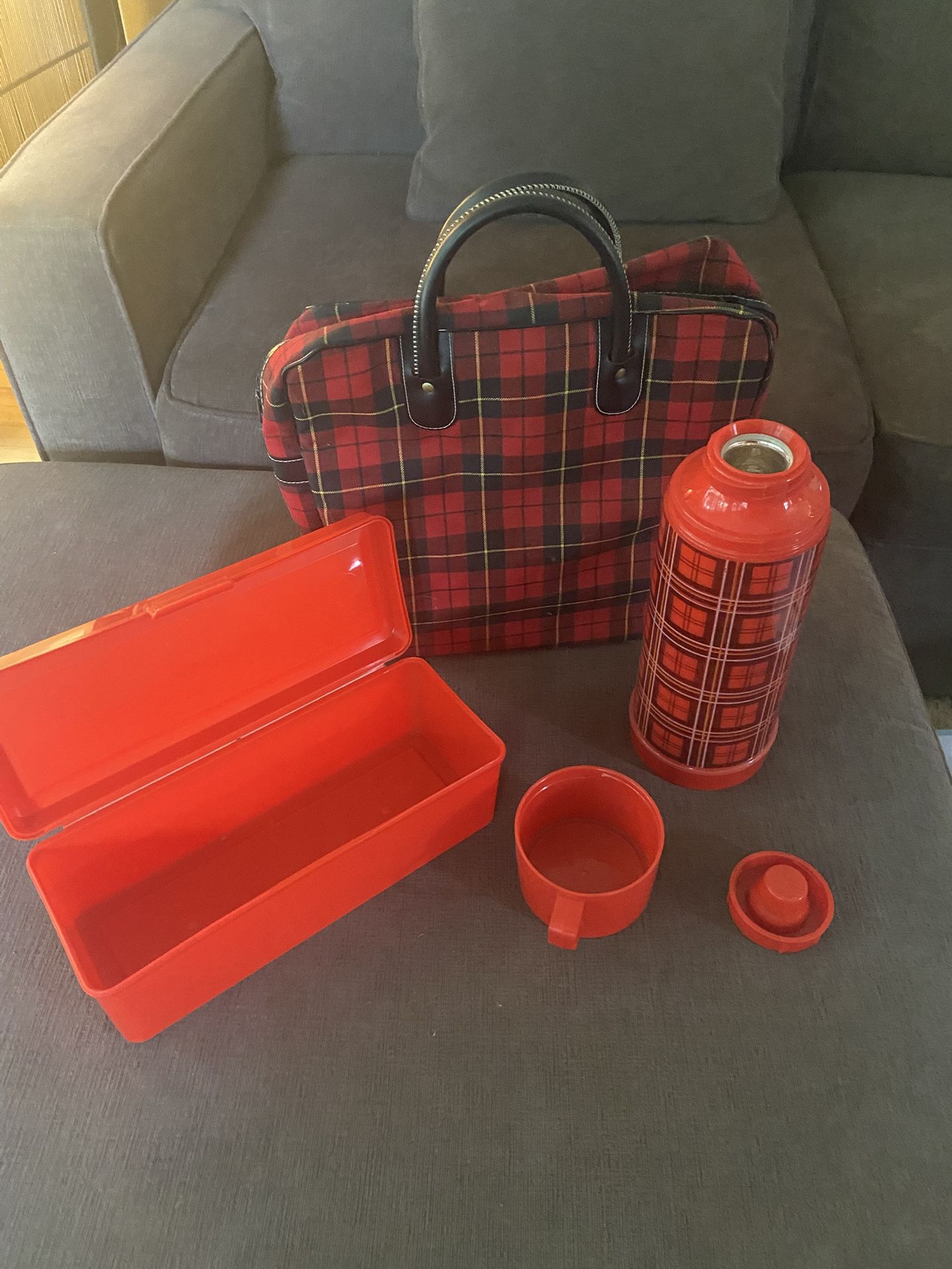 Vintage Aladdin Red Plaid Picnic Set 