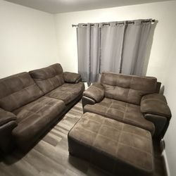 Brown Microfiber Reclining Sofa Set with Ottoman