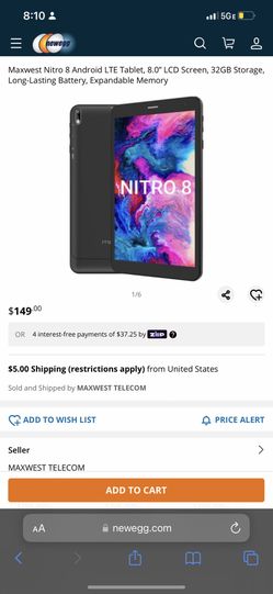 Maxwest Nitro 8 Android LTE Tablet, 8.0" LCD Screen, 32GB Storage, Long-Lasting Battery, Expandable Memory