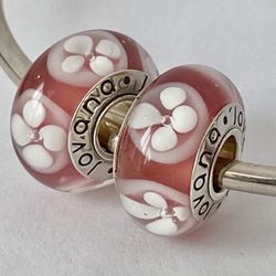 2Murano Charms For Pandora Bracelet , Rose Pink White Flower Murano 925 Sterling Cores