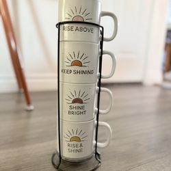 Inspirational Sunrise Ceramic Coffee Mug Set of 4 with Holder, White