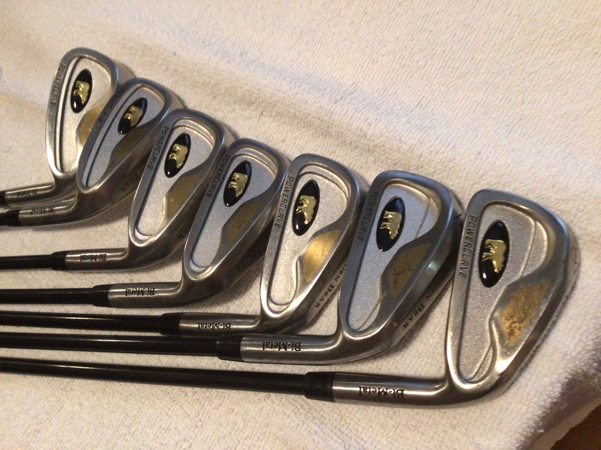 Golden Bear 3,4,5,6,7,8,9, 1 & 5 Wood & Putter Along With A Golden Bear Bag, And Cart Right Hand