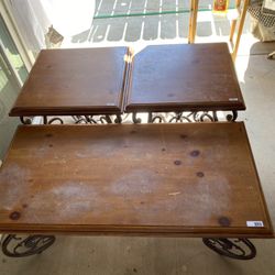 Maple Coffee Table w/ Wrought Iron & End Table Set - 3 Pcs 