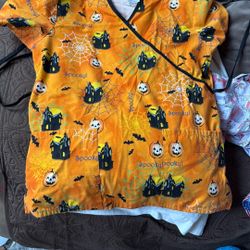 Halloween Scrub Top Small With Tie Strings