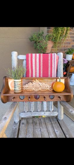 Vintage CottageCore Wood 24 "  Copper Punched Tin Peg Heart Cut Out Shelf 