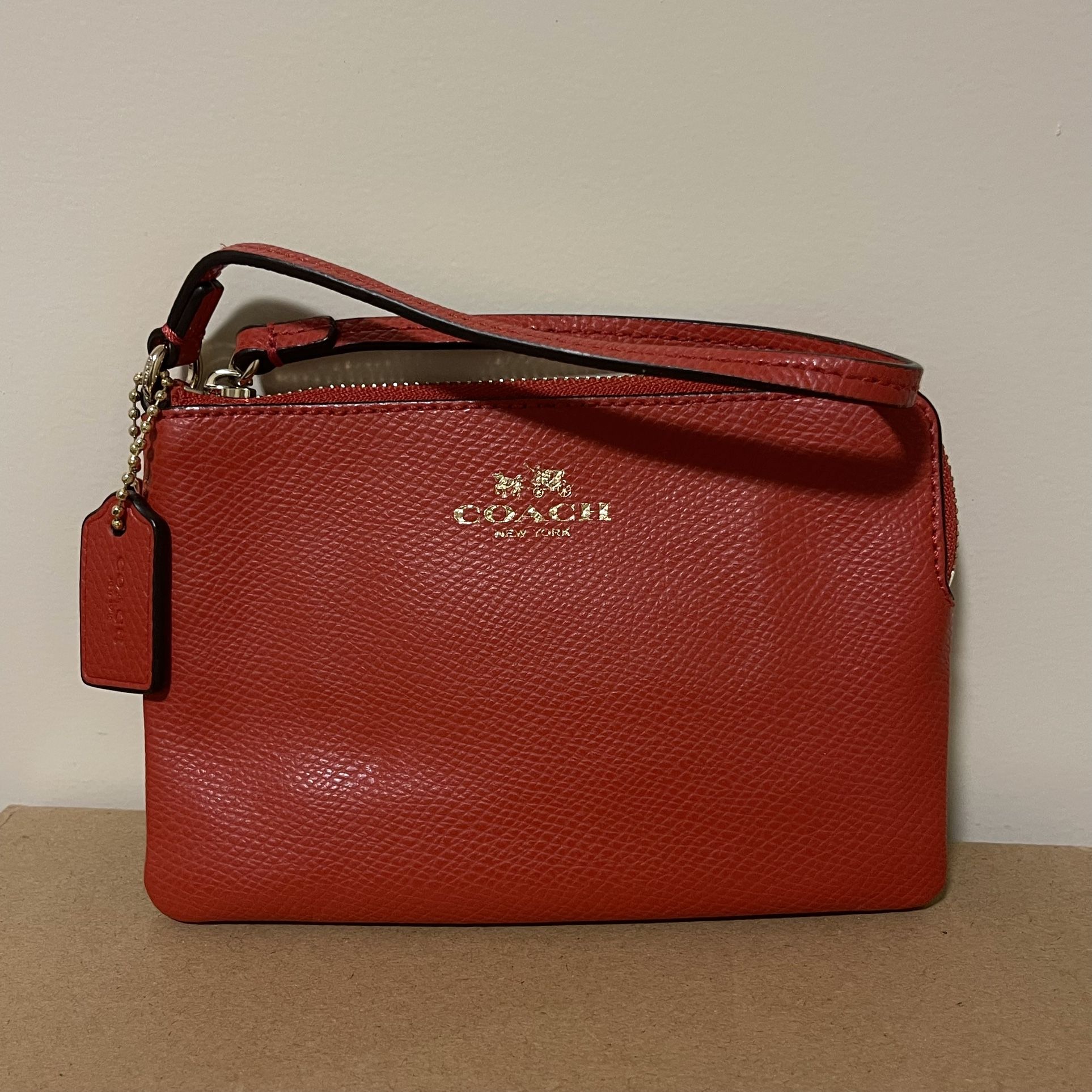 Coach Zipper Wristlet Poppy Orange Pebble Leather Wallet