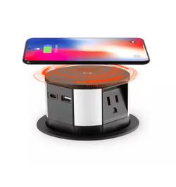 10-Watt Space Saver Pop Up-Outlet, Fast Induction Charger with Type-C USB, 3-Outlets, 2 USB Ports, Surge Protection