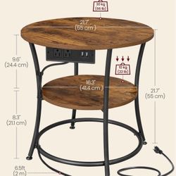 VASAGLE 2-Tier Round End Table with Power Outlets Nightstand with Steel Frame - Rustic Brown