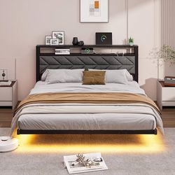 Floating Bed Frame Queen Size with LED Lights and Charging Station, Upholstered Headboard with 2-Tier Storage Shelves, Metal Slats Supports, No Box Sp